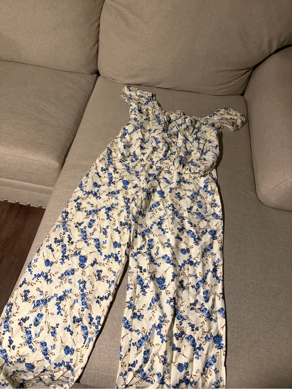 Floral Off-Shoulder Wide-Leg Set Blue on Cream